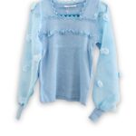 Women's Short Square Collar Exposed Collarbone Wavy Knitted Sweater -BLUE