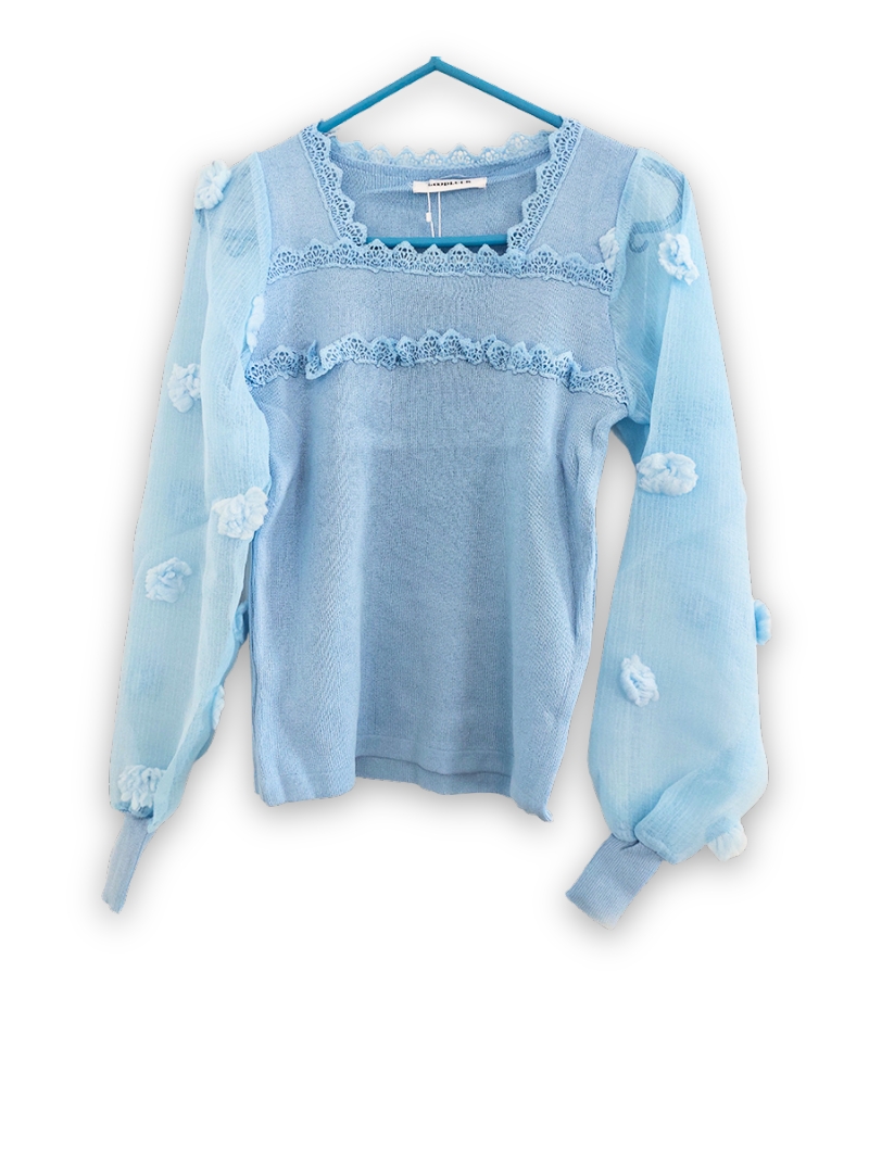 1 Women's short square collar exposed collarbone wavy knitted sweater -BLUE