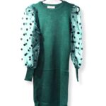 Green Dress With Decorative Sleeve. Sleeves Made Of Mesh With Charming Suede Polka Dots