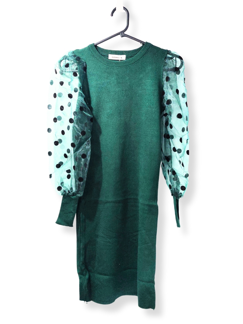 10 Green Dress with Decorative Sleeve. Sleeves made of mesh with charming suede polka dots £14.99