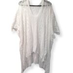 V Neck Hollow Out Crochet Short Sleeve Cover Ups - WHITE