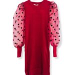 Pink Dress With Decorative Sleeve. Sleeves Made Of Mesh With Charming Suede Polka Dots