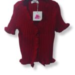 Short-Sleeved Knitted Shirt With Frill Sleeves - DARK RED