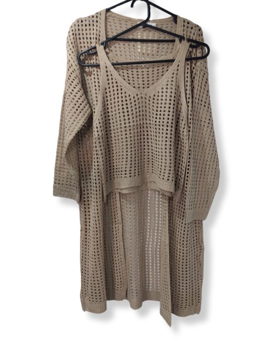 15 Hole knit dress - long sleeves, short jersey underdress - BROWN - £19.99