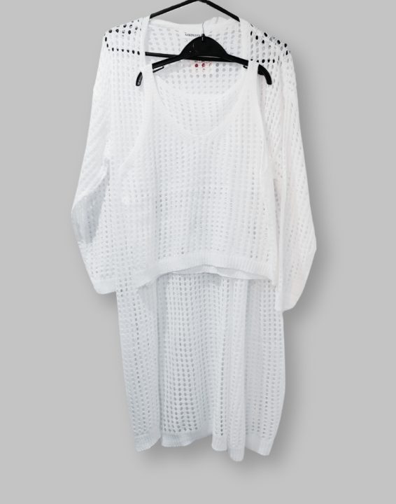 22-2 Hole knit dress - long sleeves, short jersey underdress, WHITE - £19.99