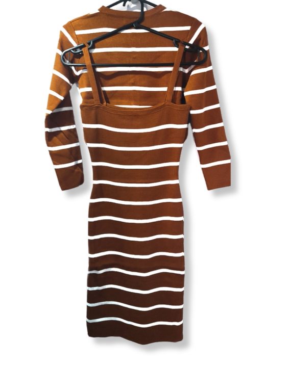 29-3 Hoodie Sweater Women Two Piece Sets Long Sleeve Solid Blouse Strap Midi Dress Knit - BROWN - £21.99